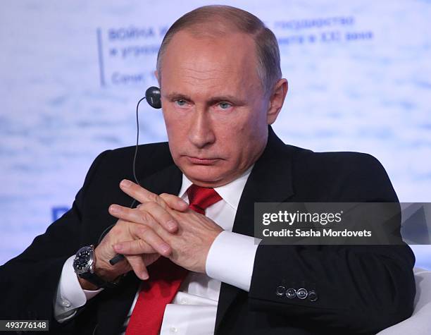 Russian President Vladimir Putin speaks during the Valdai International Discussion Club meeting on October 22, 2015 in Sochi. Putin spoke before...