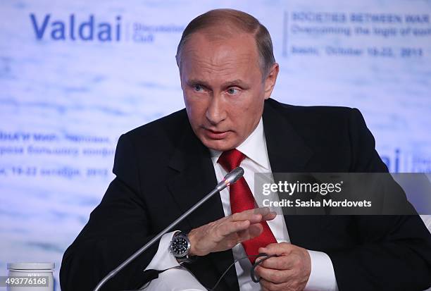 Russian President Vladimir Putin speaks during the Valdai International Discussion Club meeting on October 22, 2015 in Sochi. Putin spoke before...