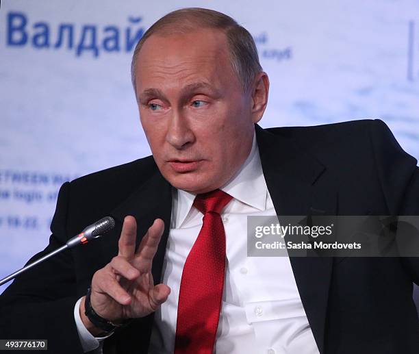 Russian President Vladimir Putin speaks during the Valdai International Discussion Club meeting on October 22, 2015 in Sochi. Putin spoke before...