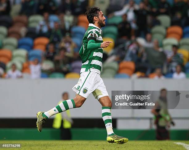 Sporting CP's midfielder Alberto Aquilani celebrates after scoring a goal during the UEFA Europa League match between Sporting CP and KF Skenderbeu...