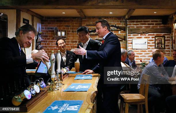 China's President Xi Jinping and Britain's Prime Minister David Cameron drink a pint of beer during a visit to the The Plough pub on October 22, 2015...