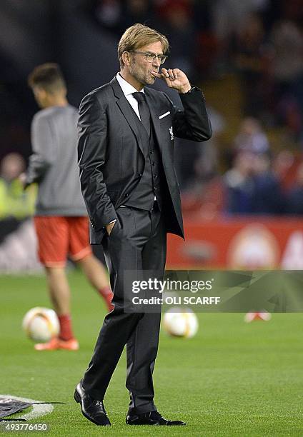 Liverpool's German manager Jurgen Klopp looks on during warm up prior to a UEFA Europa League group B football match between Liverpool FC and FC...