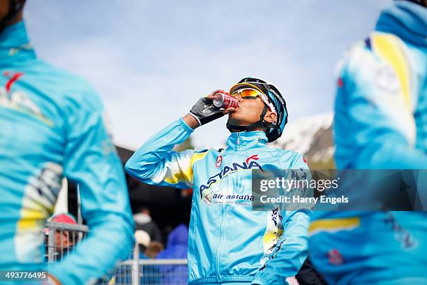 Andrey Zeits of Kazakhstan and team Astana drinks a coke after finishing the fifteenth stage of the 2014 Giro d'Italia, a 225km high mountain stage...