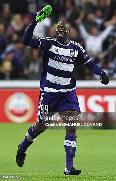 Anderlecht's Stefano Okaka celebrates after scoring during the UEFA Europa League Group J football match between RSC Anderlecht and Tottenham Hotspur...