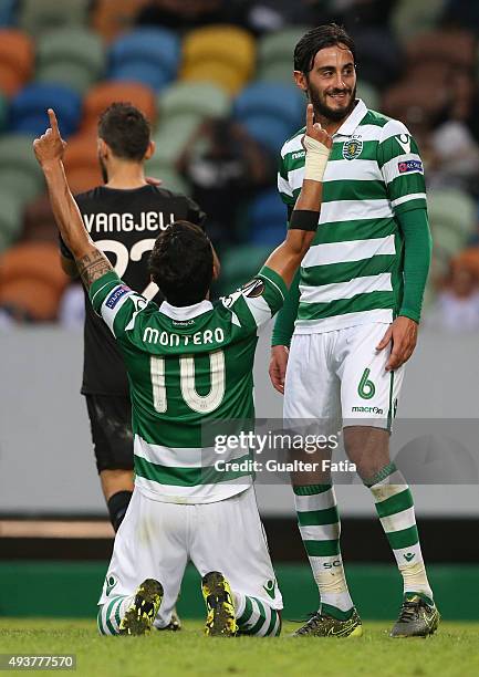 Sporting CP's forward Fredy Montero celebrates with teammate Alberto Aquilani after scoring a goal during the UEFA Europa League match between...