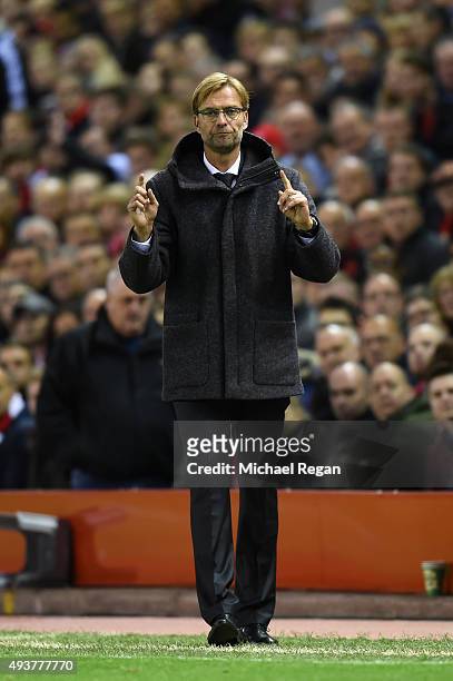 Jurgen Klopp the manager of Liverpool directs his players during the UEFA Europa League Group B match between Liverpool FC and Rubin Kazan at Anfield...