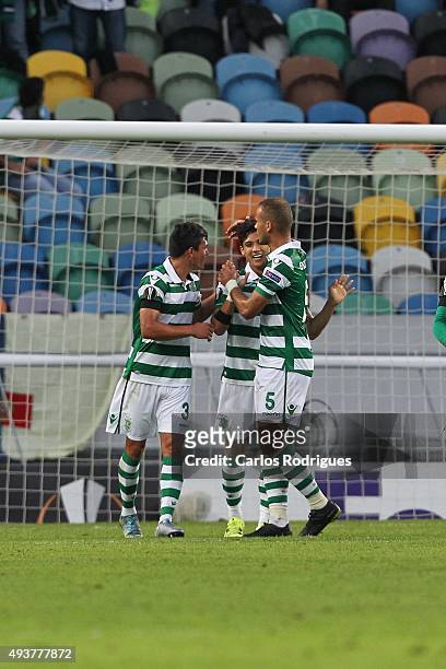 Sporting's forward Fredy Montero celebrates scoring Sporting's second goal with Sporting's defender Jonathan Silva and Sporting's defender Ewerton...