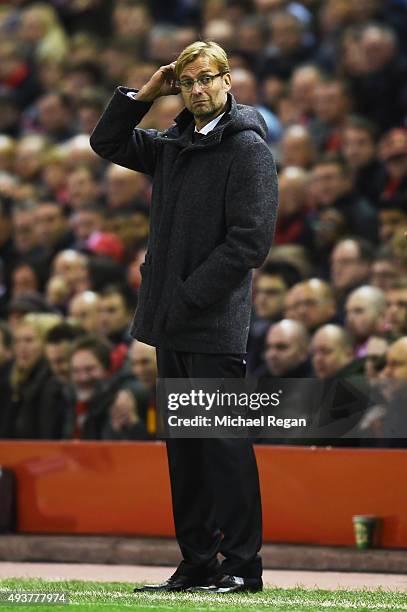 Jurgen Klopp the manager of Liverpool directs his players during the UEFA Europa League Group B match between Liverpool FC and Rubin Kazan at Anfield...