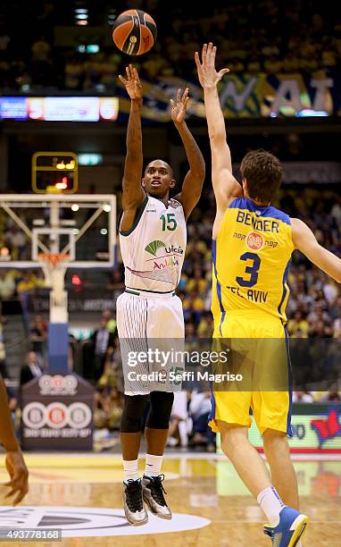 Jamar Smith, #15 of Unicaja Malaga in action during the Turkish Airlines Euroleague Regular Season date 2 game between Maccabi Fox Tel Aviv v Unicaja...