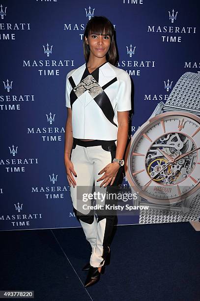 Shy'm attends the 'Maserati Time' Cocktail Party at Rond Point Des Champs Elysees on October 22, 2015 in Paris, France.