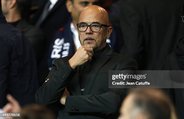 Pascal Obispo attends the UEFA Champions League match between Paris Saint-Germain and Real Madrid at Parc des Princes stadium on October 21, 2015 in...