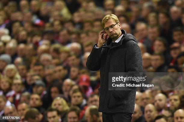 Jurgen Klopp the manager of Liverpool reacts during the UEFA Europa League Group B match between Liverpool FC and Rubin Kazan at Anfield on October...