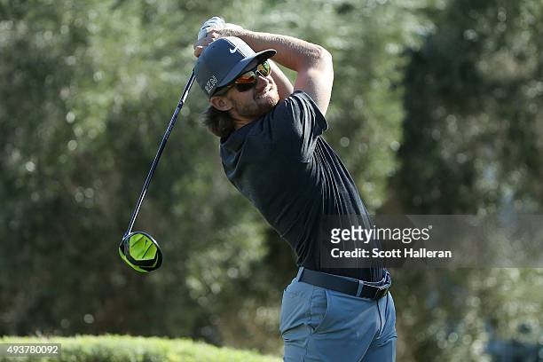Patrick Rodgers plays his shot from the 16th tee during the first round of the Shriners Hospitals For Children Open on October 22, 2015 at TPC...