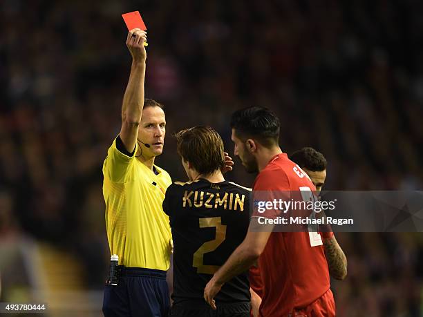 Oleg Kuzmin of Rubin Kazan is sent off by referee Robert Schorgenhofer of Austria after his second bookable offence during the UEFA Europa League...