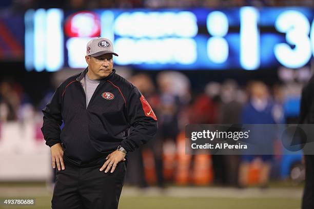 Defensive Coordinator Eric Mangini of the San Francisco49ers follows the action against the New York Giants at MetLife Stadium on October 11, 2015 in...