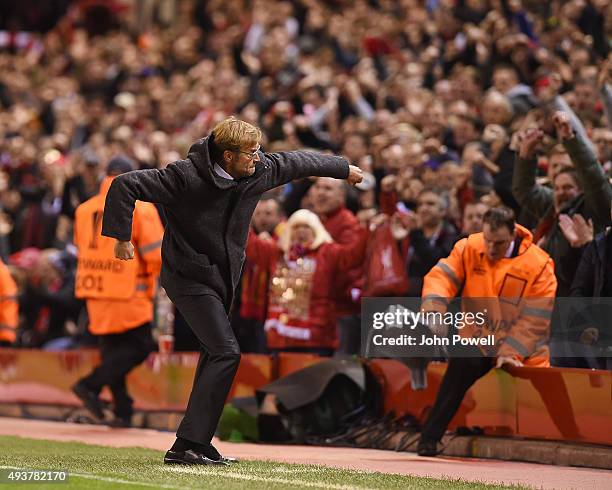 Jurgen Klopp manager of Liverpool celebrates the Liverpool goal to make it 1-1 during the UEFA Europa League match between Liverpool FC and FC Rubin...