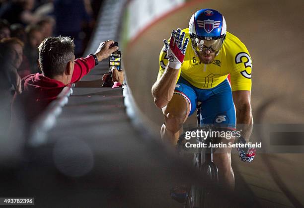 Nate Koch of USA in action during the 200m flying TT during day five of the London Six Day Race at the Lee Valley Velopark on October 22, 2015 in...