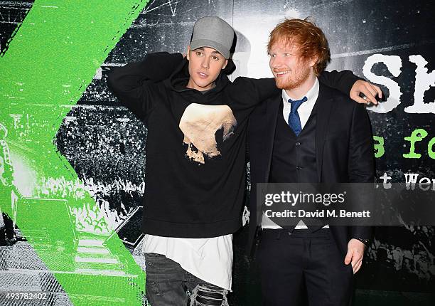 Justin Bieber and Ed Sheeran attend the World Premiere of "Ed Sheeran: Jumpers For Goalposts" at Odeon Leicester Square on October 22, 2015 in...