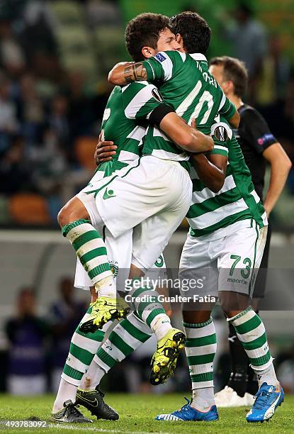 Sporting CP's defender Tobias Figueiredo celebrates with teammates after scoring a goal during the UEFA Europa League match between Sporting CP and...