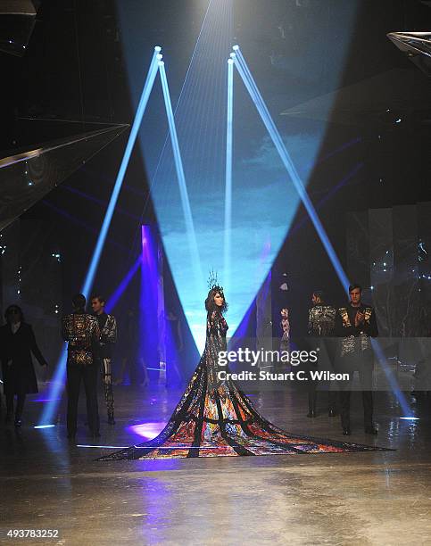 Models walk the runway at the Finale of the Michael Cinco show during Dubai Fashion Forward Spring/Summer 2016 at Madinat Jumeirah on October 22,...