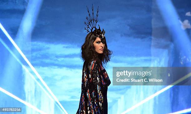 Model during the Finale of the Michael Cinco show during Dubai Fashion Forward Spring/Summer 2016 at Madinat Jumeirah on October 22, 2015 in Dubai,...