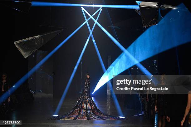 Models walk the runway during the Finale at the Michael Cinco show during Dubai Fashion Forward Spring/Summer 2016 at Madinat Jumeirah on October 22,...