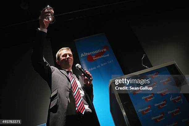 Bernd Lucke, head of the Alternative fuer Deutschland political party, raises his glass to supporters after election results that gave the AfD a very...