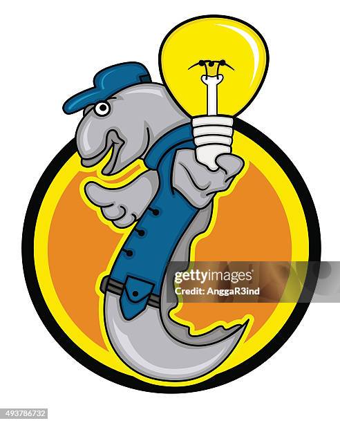 eel electric technician holding light bulb with circle background - electric eel stock illustrations
