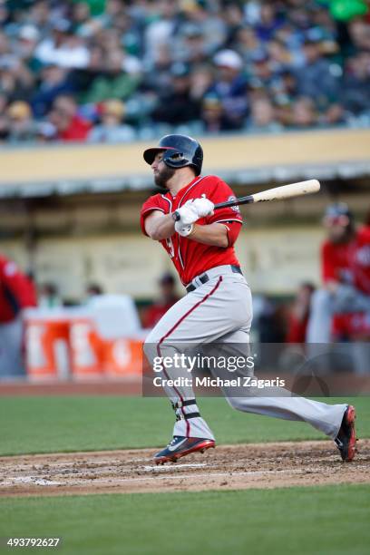 Kevin Frandsen of the Washington Nationals bats during the game against the Oakland Athletics at O.co Coliseum on May 10, 2014 in Oakland,...