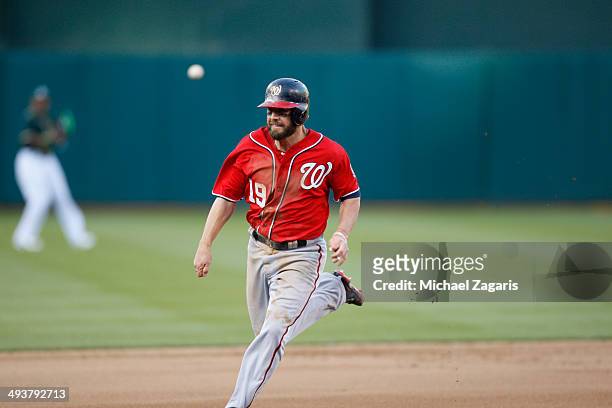 Kevin Frandsen of the Washington Nationals runs the bases during the game against the Oakland Athletics at O.co Coliseum on May 10, 2014 in Oakland,...