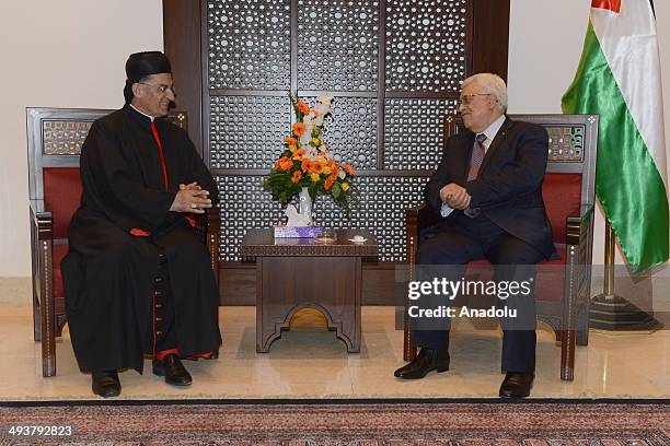 Bechara Boutros al-Rahi, 77th Maronite Patriarch of Antioch meets with the Palestinian President Mahmoud Abbas in Ramallah on May 25, 2014.