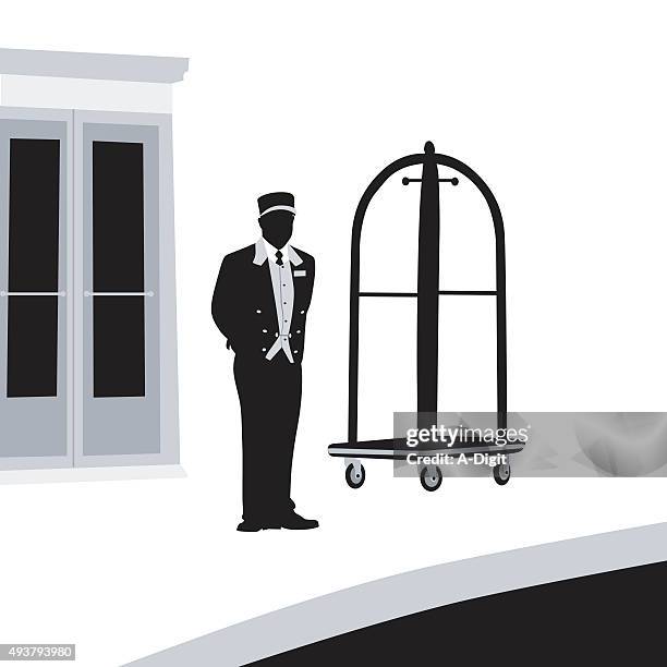 doorman hotel resort - hotel luggage trolley stock illustrations