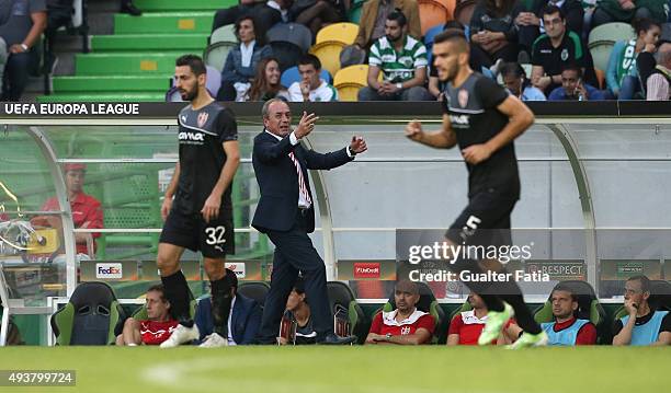 Skenderbeu's coach Mirel Josa in action during the UEFA Europa League match between Sporting CP and KF Skenderbeu at Estadio Jose de Alvalade on...