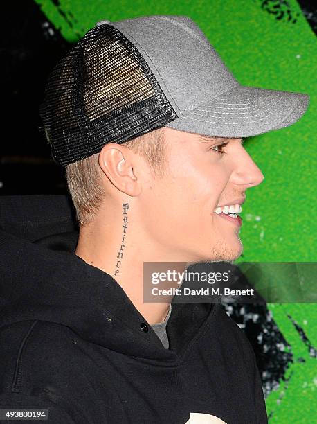 Justin Bieber attends the World Premiere of "Ed Sheeran: Jumpers For Goalposts" at Odeon Leicester Square on October 22, 2015 in London, England.