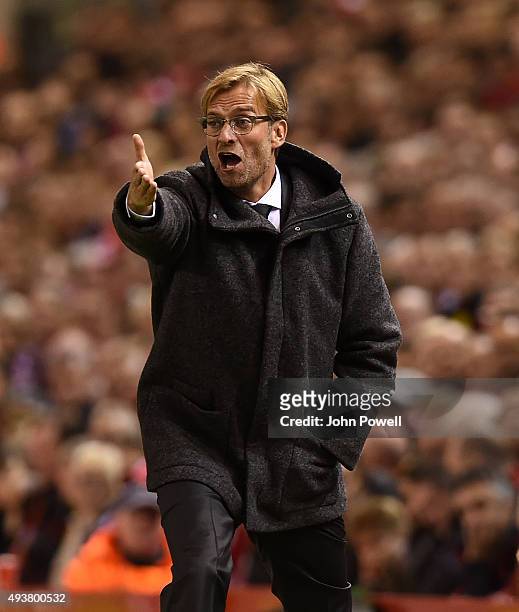 Jurgen Klopp manager of Liverpool reacts during the UEFA Europa League match between Liverpool FC and FC Rubin Kazan on October 22, 2015 in...