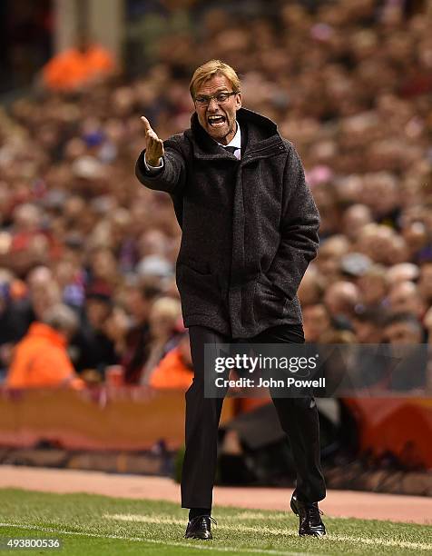 Jurgen Klopp manager of Liverpool reacts during the UEFA Europa League match between Liverpool FC and FC Rubin Kazan on October 22, 2015 in...