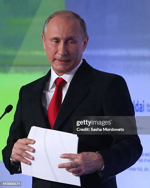 Russian President Vladimir Putin speaks during the Valdai International Discussion Club meeting on October 22, 2015 in Sochi. Putin spoke before...