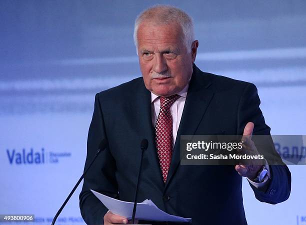 Former Czech President Vaclav Claus speaks during the Valdai International Discussion Club meeting on October 22, 2015 in Sochi. Russian President...