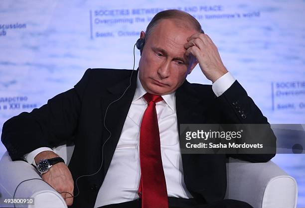 Russian President Vladimir Putin speaks during the Valdai International Discussion Club meeting on October 22, 2015 in Sochi. Putin spoke before...