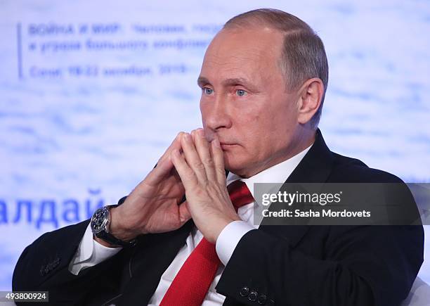 Russian President Vladimir Putin speaks during the Valdai International Discussion Club meeting on October 22, 2015 in Sochi. Putin spoke before...