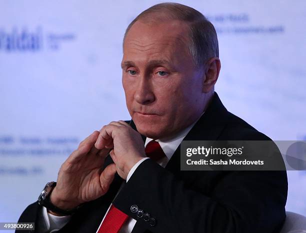 Russian President Vladimir Putin speaks during the Valdai International Discussion Club meeting on October 22, 2015 in Sochi. Putin spoke before...