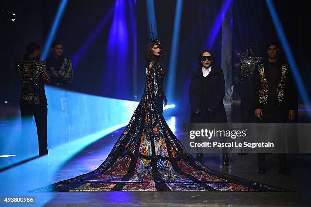 Michael Cinco walks the runway after his show during Dubai Fashion Forward Spring/Summer 2016 at Madinat Jumeirah on October 22, 2015 in Dubai,...