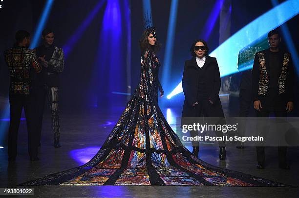 Michael Cinco walks the runway after his show during Dubai Fashion Forward Spring/Summer 2016 at Madinat Jumeirah on October 22, 2015 in Dubai,...