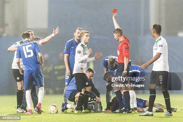 Slovan Liberec,Europa Leauge, Rode kaart, Michael de Leeuw of FC Groningen, during the UEFA Europa League match between Slovan Liberec and FC...