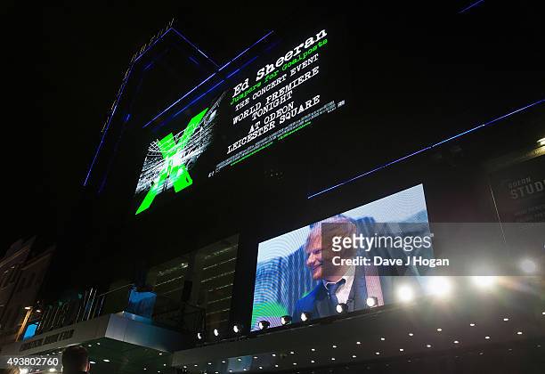 Ed Sheeran performance on screen at the World Premiere of "Jumpers For Goalposts" at Odeon Leicester Square on October 22, 2015 in London, England.