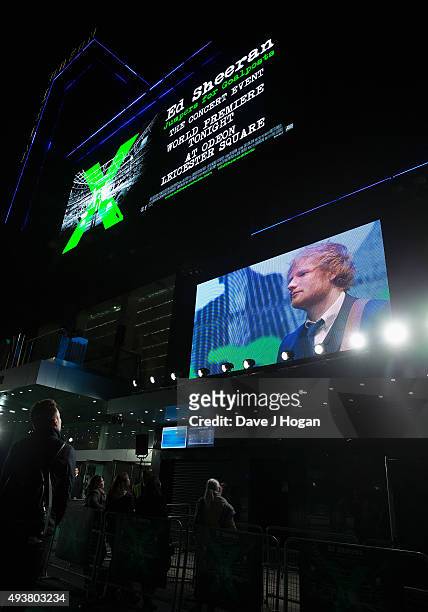 Ed Sheeran performance on screen at the World Premiere of "Jumpers For Goalposts" at Odeon Leicester Square on October 22, 2015 in London, England.