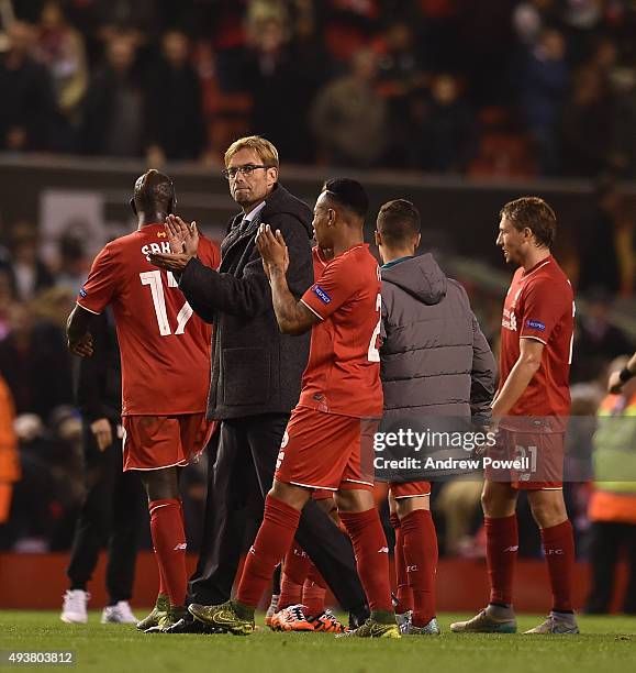 Jurgen Klopp manager of Liverpool claps to the fans at the end of the UEFA Europa League match between Liverpool FC and FC Rubin Kazan on October 22,...