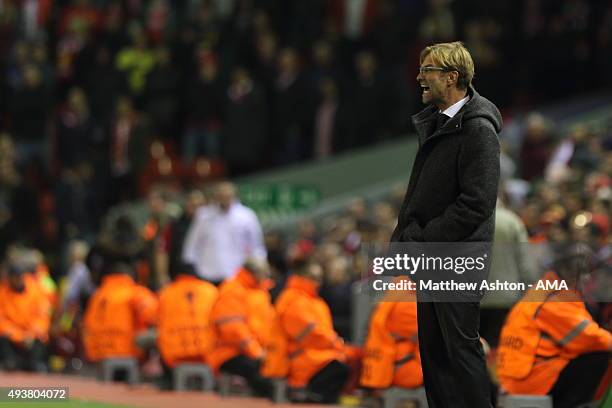 Jurgen Klopp the manager of Liverpool on the sidelines during the UEFA Europa League match between Liverpool and Rubin Kazan at Anfield on October...