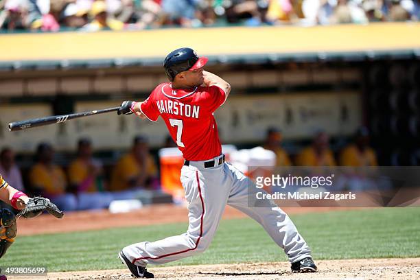 Scott Hairston of the Washington Nationals bats during the game against the Oakland Athletics at O.co Coliseum on May 11, 2014 in Oakland,...