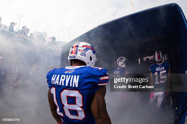 Percy Harvin of the Buffalo Bills stands in a cloud of pyrotechnics during announcements for the game against the New York Giants on October 4, 2015...